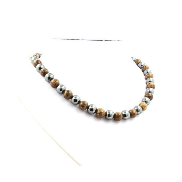 Pierres et Minéraux. Collier perles Hématite + bois 8 mm Chaine en acier inoxydable.