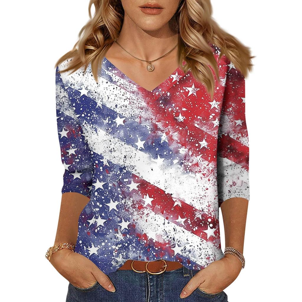 Women's Tops Three-quarter Sleeve Shirt V-neck Loose Casual Shirt Print T-shirt