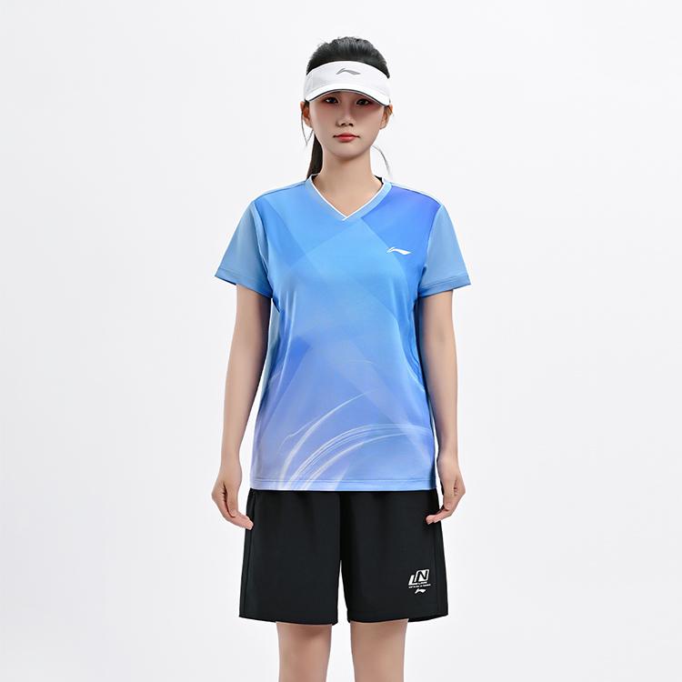 Li Ning Serie Tennis da Tavolo Sport Casual Minimalista Color Block T-Shirt Manica Corta Unisex Top Azzurro AAYV071-3