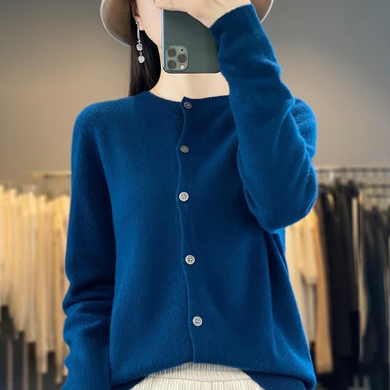 Womens Wool Knit Cardigan Sweater Round Neck Long Sleeve Lightweight Outerwear Fall Winter