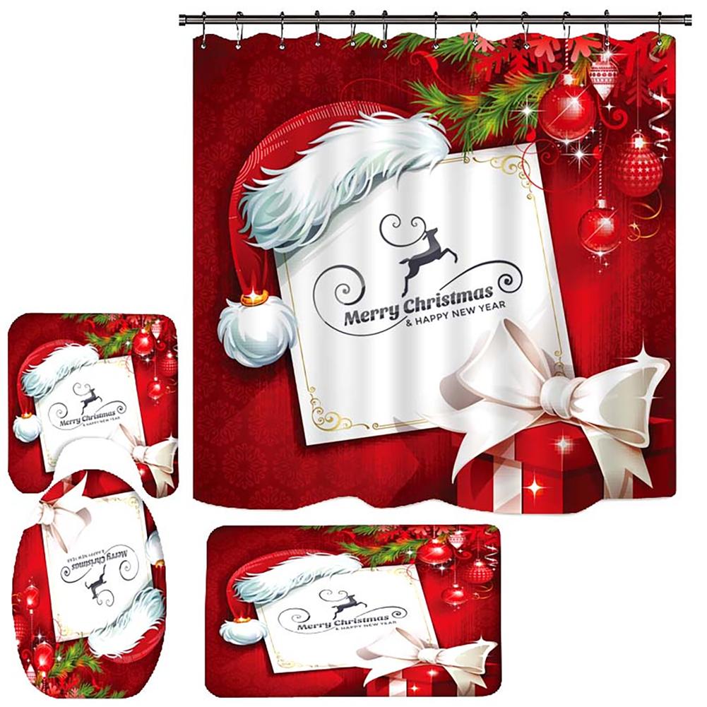 Christmas Bathroom Shower Curtain 4Pcs Set Snowman Santa Claus Pattern Waterproof Shower Curtain Toilet Cover Mat Non Slip Rug