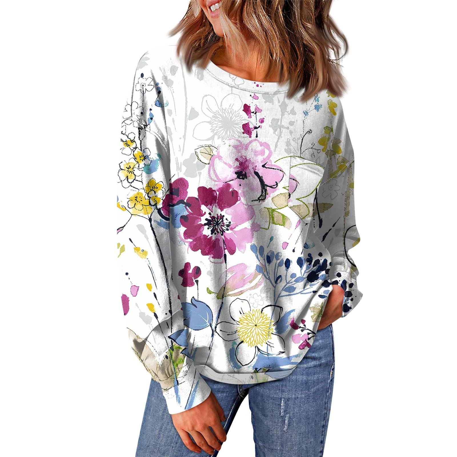 

Женский повседневный свободный топ с круглым вырезом и карманами с винтажным цветочным принтом и длинными рукавами XL белый