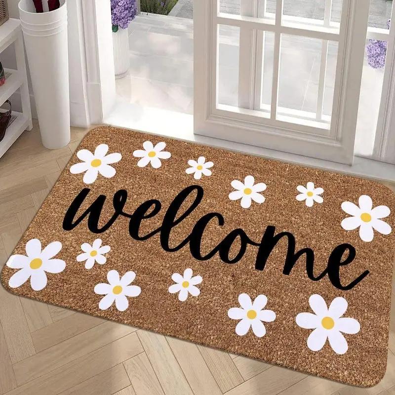 Blommiga Löv Välkommen Dörrmatta för Hem Entréer Dekor Halkfri Badrum Entré Golvmatta Köksmattor Tvättbar Dörrmatta
