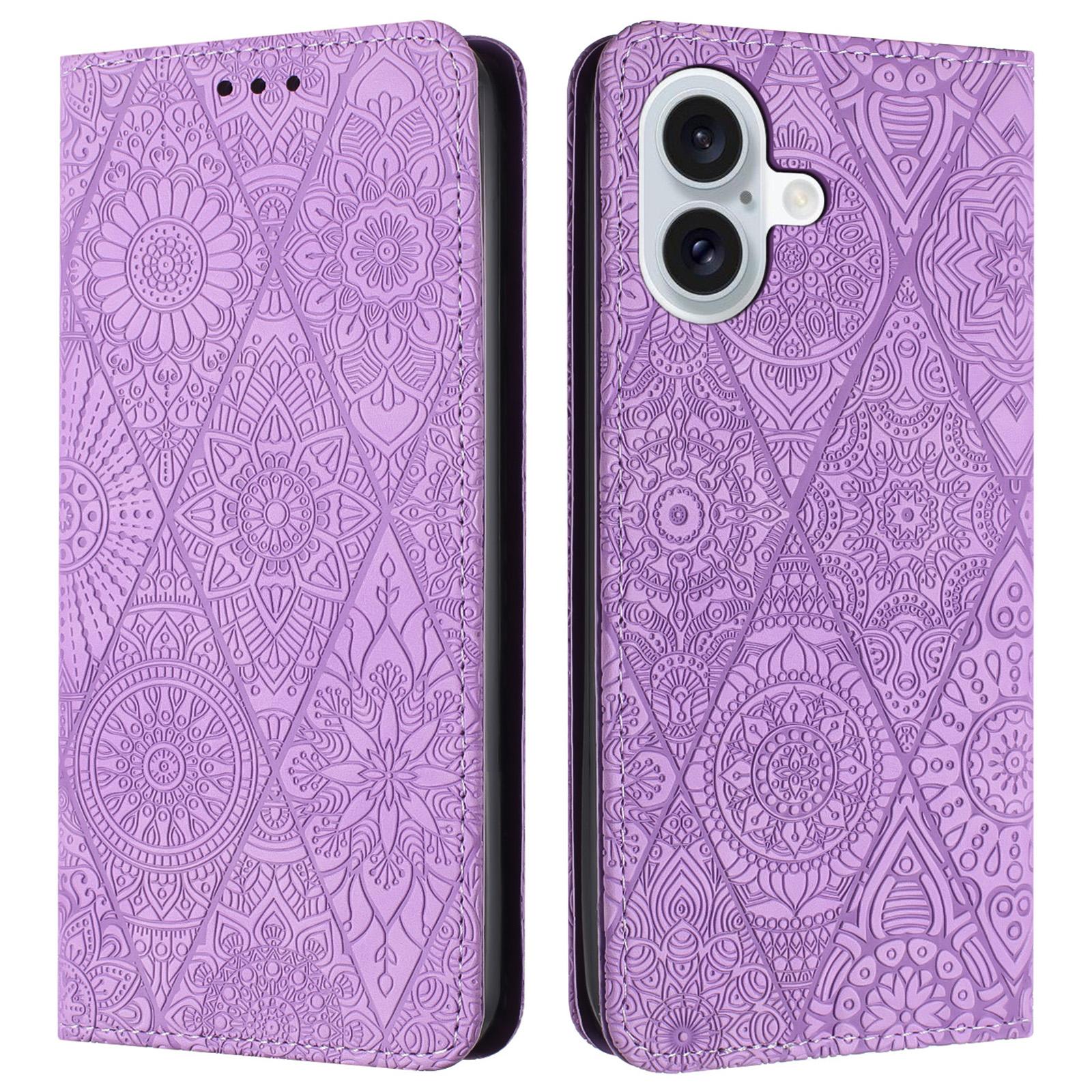 For iPhone 16 Case Imprinted Flower Wallet Stand Leather Phone Cover D