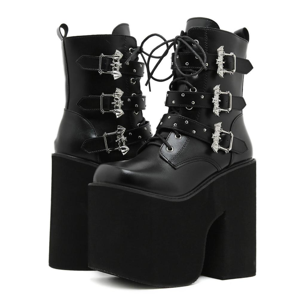 Gdgydh Stivali da donna a metà polpaccio con fibbia punk gotico, tacchi altissimi, scarpe invernali, cerniera laterale, stivali da cavaliere con suola spessa