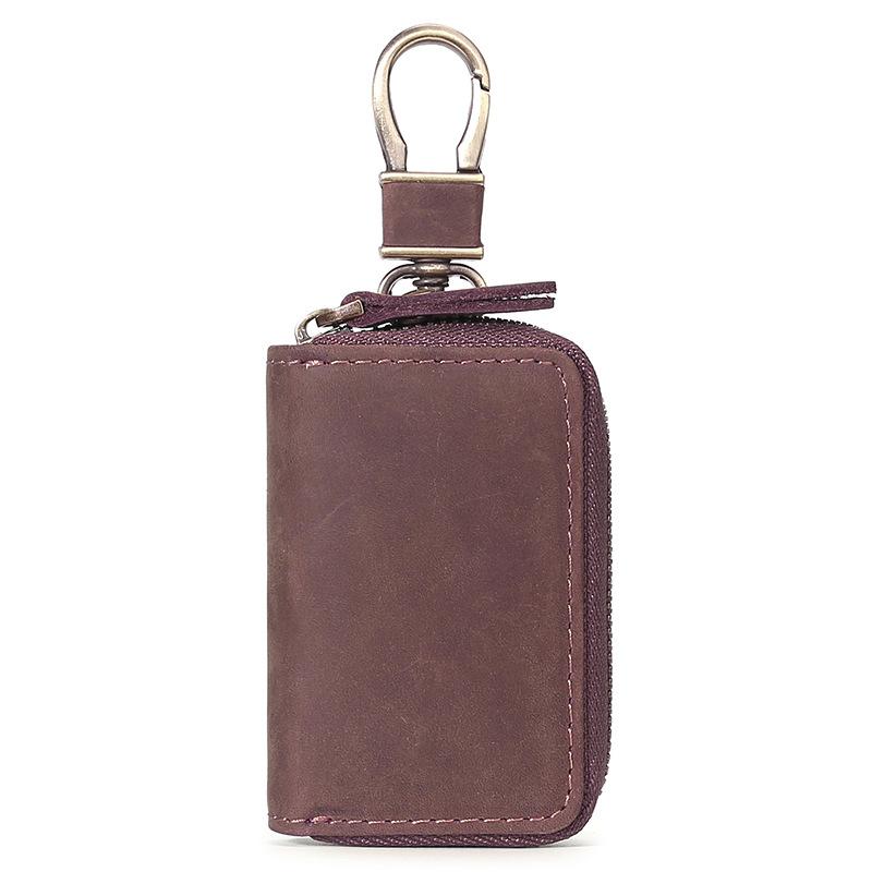 Car universal key cover Multifunctional single zipper Car key bag First layer Cowhide key Leather case Retro waist hanging
