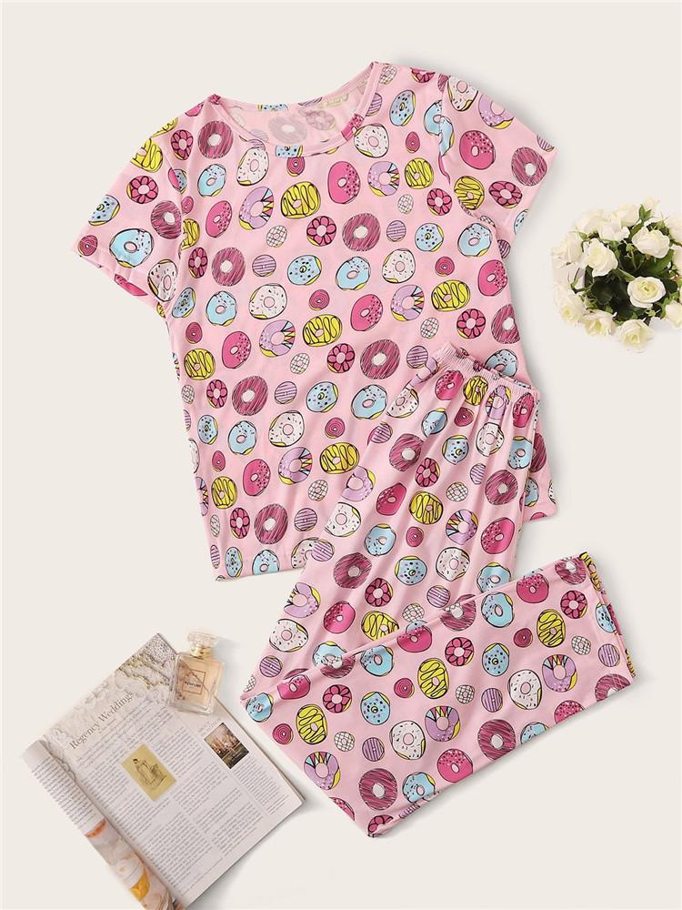 European and American Style Women's Fashion Spring Loungewear 2 Piece Short Sleeve Long Pants Pajamas Set Floral Print Homewear
