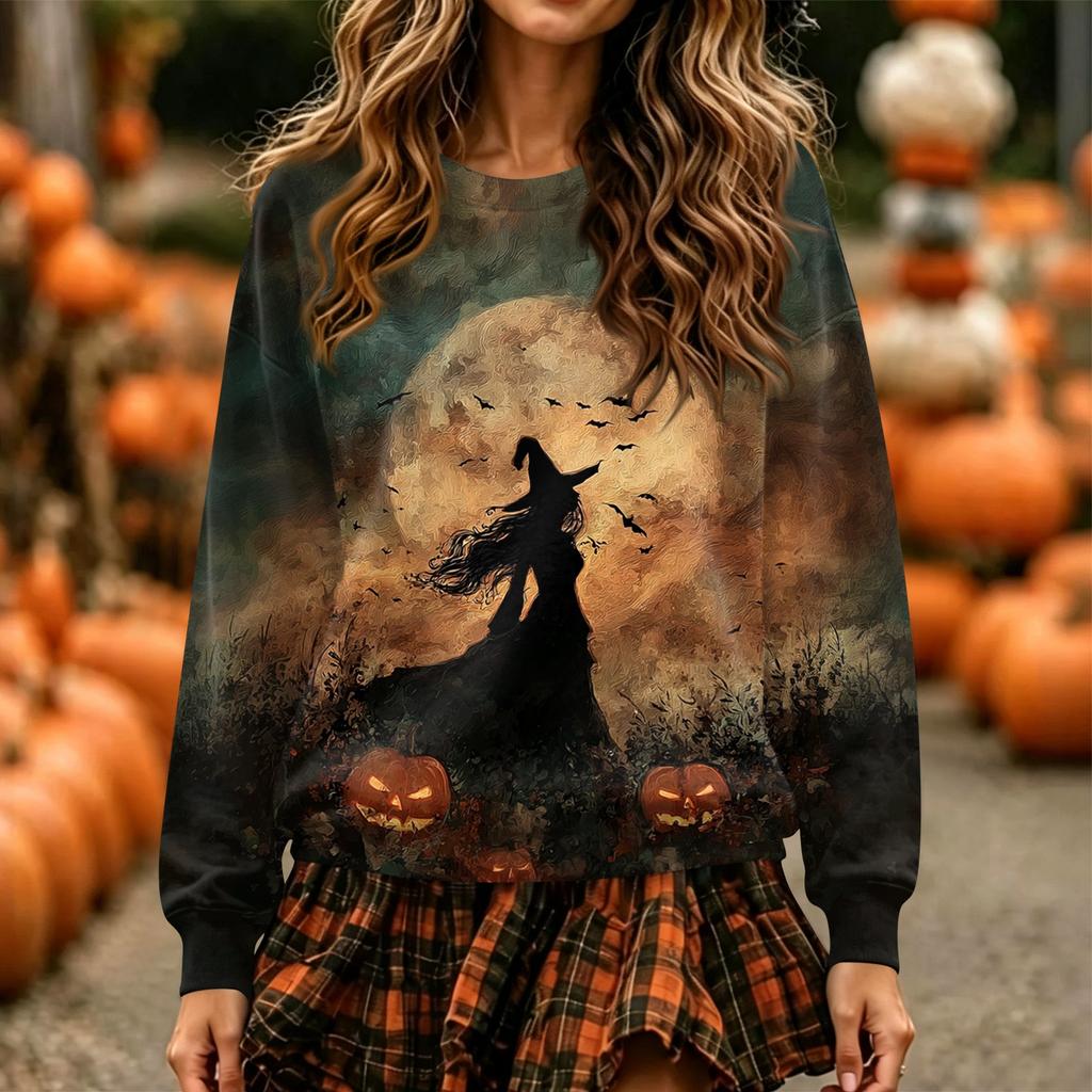 Women's Long Sleeve Halloween Print Neck Pullover Sweatshirt Top