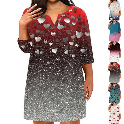 Damenmode Übergröße V-Ausschnitt Dreiviertelärmel Lässiges Lockeres Kleid mit Valentinstags-Liebesdruck und Taschen