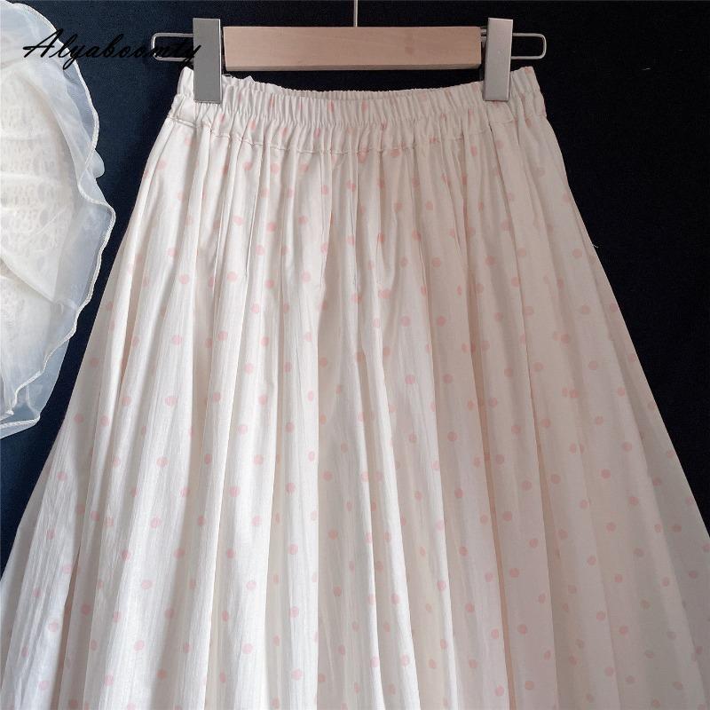 Korean Style Summer Spring Women Cotton Midi Skirt High Waist Polka Dot Contrast Color Sweet Skirt Elegant Feminine Basic Ladies' Skirt