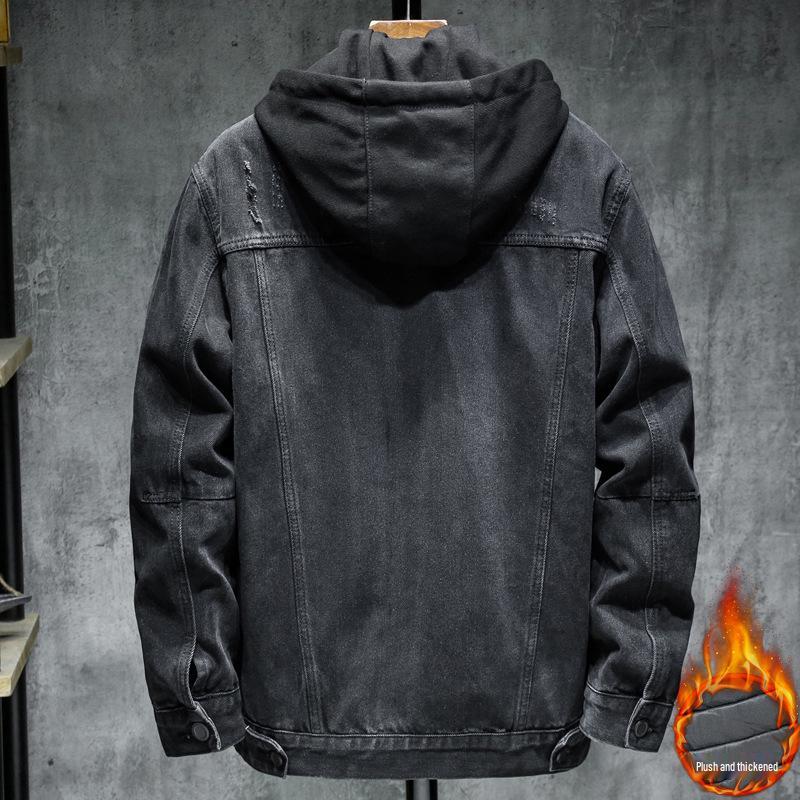 Men's Thickened Hooded Denim Jacket: Japanese Trendy Brand, Autumn/Winter Warm Cotton, Removable Hood