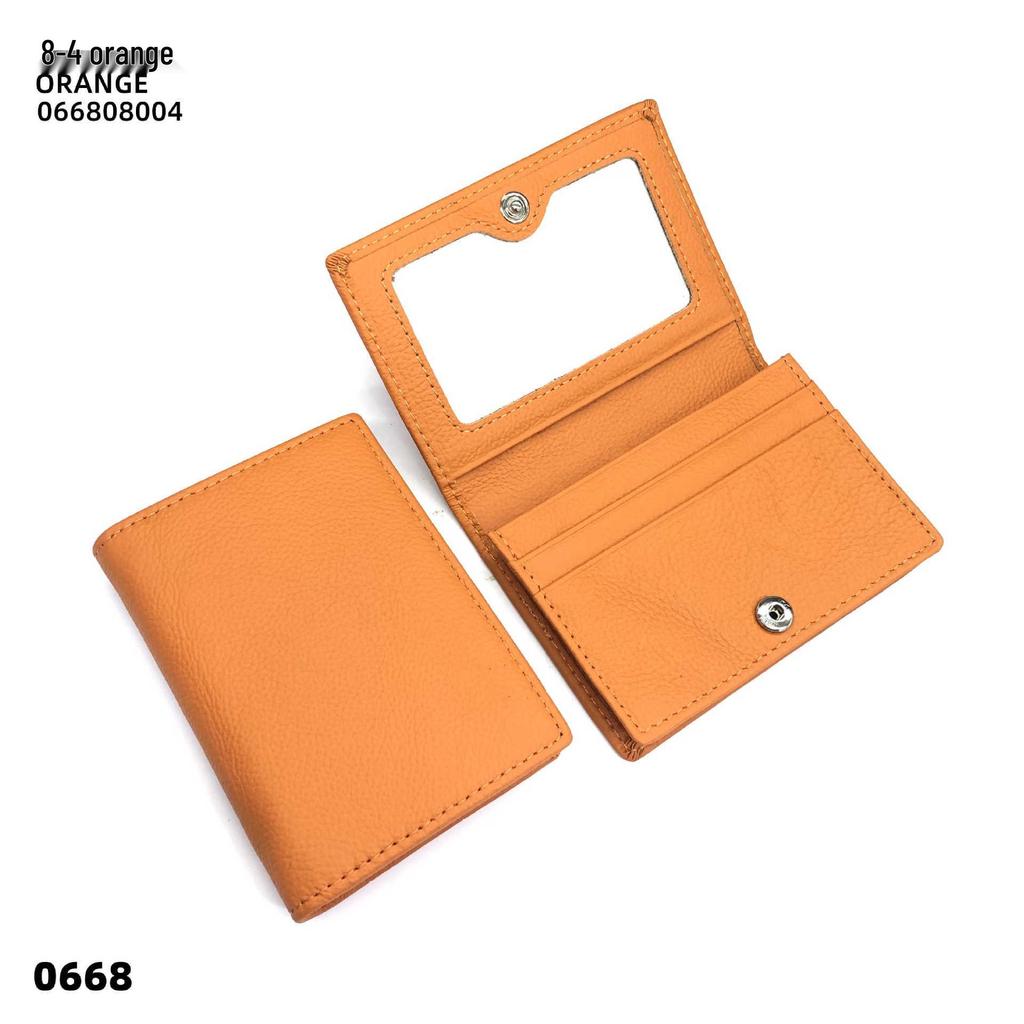 Premium Leather Card Holder: Unisex Cowhide Business Case with Mirror Window, Snap Closure & Coin Purse.