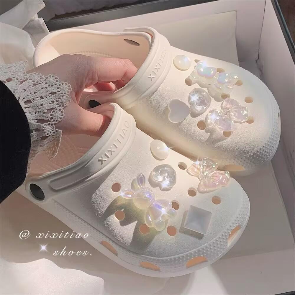 Iridescent Crystal Bear-Rabbit Clog Buckle: Cute Detachable Cartoon Shoe Decoration
