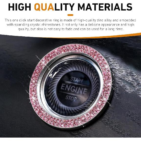 WZP 2PCS Bling Push To Start Button Cover, Crystal Rhinestone Engine Start Button Cover, Sparkling Car Interior Accessories for Women (Pink)