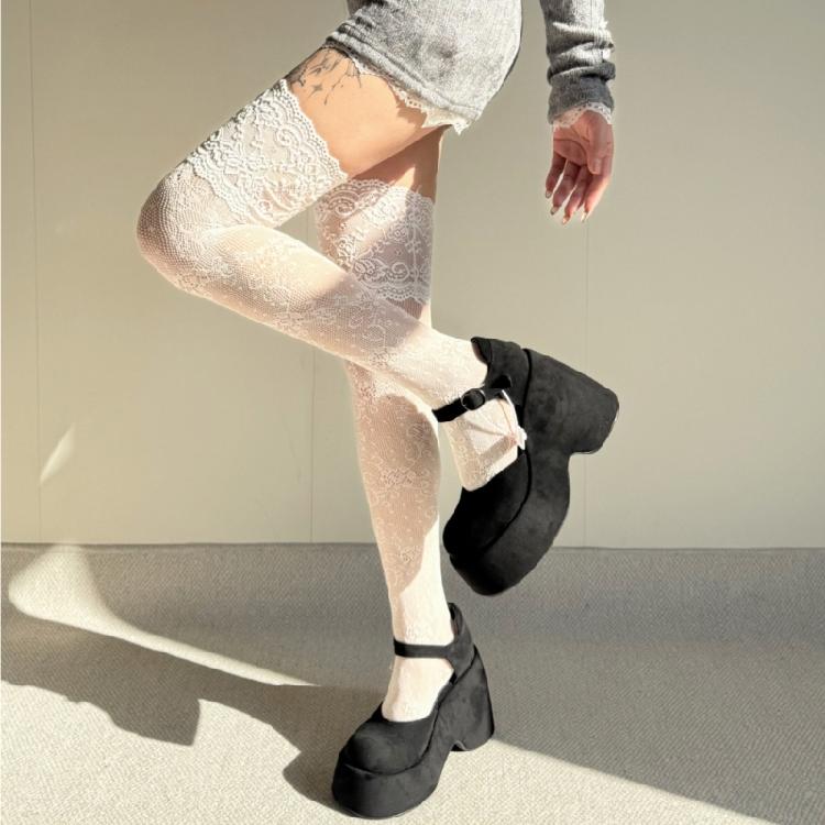 Colorful Fishnet Mesh Over Knee Long Boot Socks for Women Full Lace Flower Pattern Thigh High Stockings Lingerie Hosiery