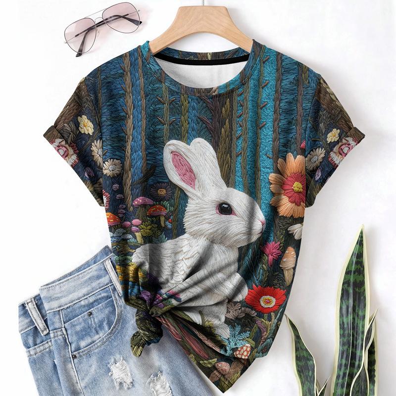 

Женская футболка с кроликом Летняя с круглым вырезом и короткими рукавами С 3D-принтом Элементный узор Повседневная модная футболка 2XL