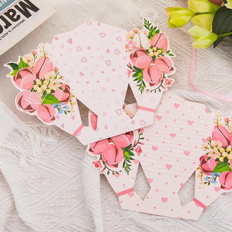 5/10pcs 3D Bouquet Greeting Cards with Bow Foil for Valentine's Day Christmas Thanksgiving - Assorted Colors Thank You Cards