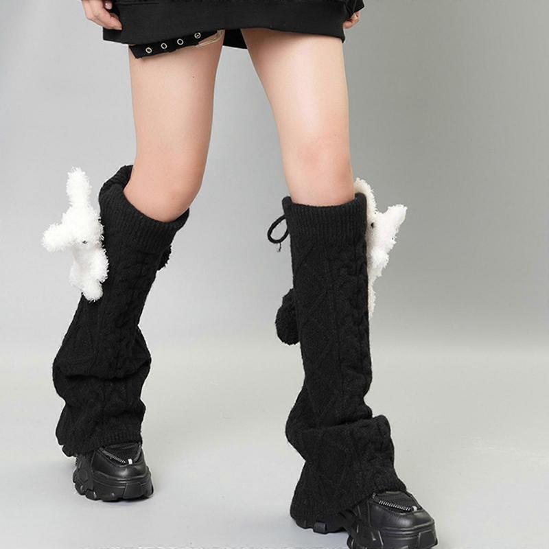 Japanese Cute Bear Rabbit Dolls Cable Knit Drawstring Leg Warmers for Women Warm Flared Foot Covers Knee Length Socks  medium gray