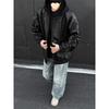Men's Black Faux Leather Hooded Bomber Jacket - American Style Short Silhouette