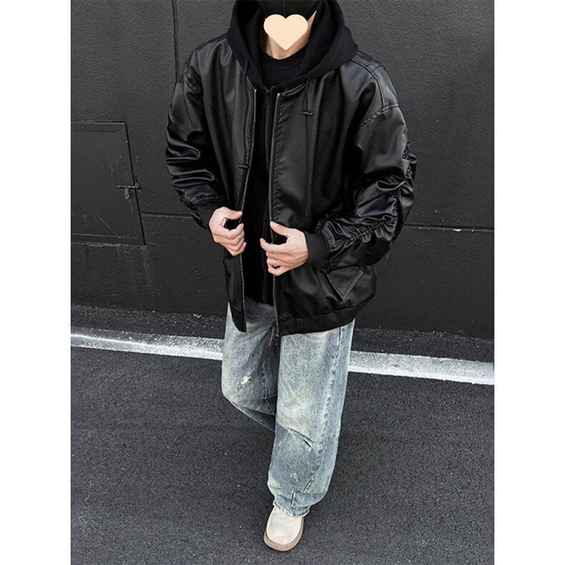 Men's Black Faux Leather Hooded Bomber Jacket - American Style Short Silhouette