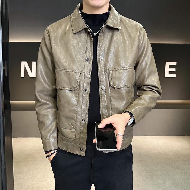 Chaqueta de Cuero con Solapa Ajustada para Hombre Otoño Invierno 2025 - Ropa Exterior Casual