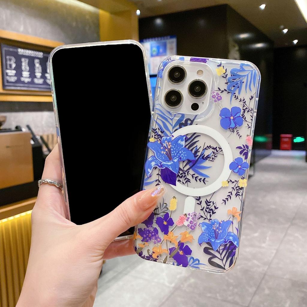 Double-sided Magnetic Attraction, Suitable for IPhone16 Phone Case, Apple 15Pro Flower Core High Transparency Anti-drop 14 Protective Case