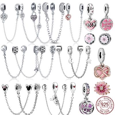 Dijes de cadena de seguridad de circonitas de 9 modelos en plata de ley 925 compatibles con pulseras originales, dijes colgantes DIY