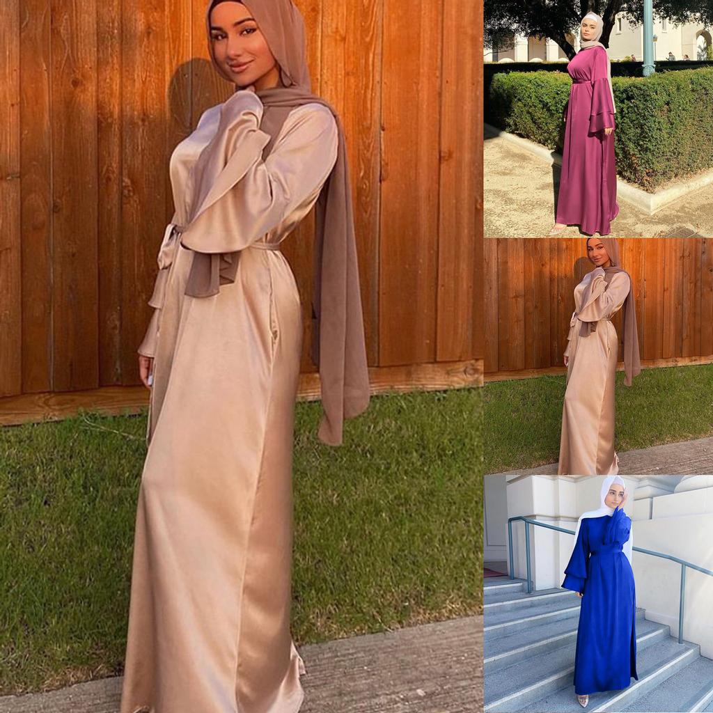 Women's Fashion Solid Color  Long Sleeve Satin Soft Waist And  Dress