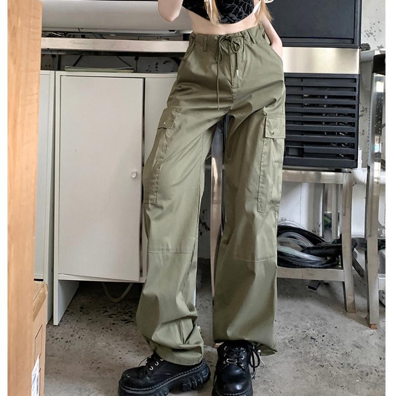 New Cargo Pants Women Retro Workwear Casual Straight Trousers Fashion Wide Leg Pockets Joggers Trousers Y2k Streetwear