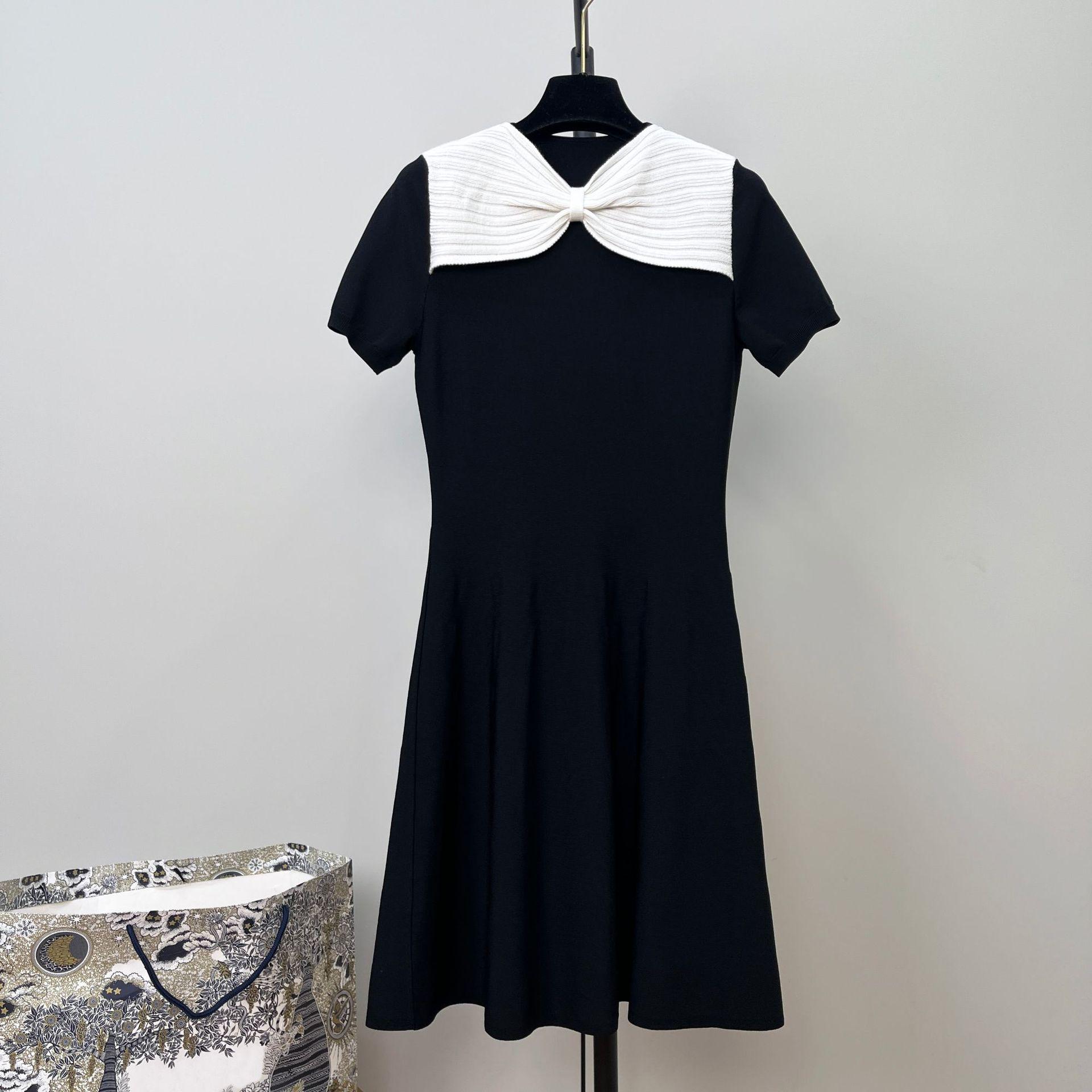 Black & White Color Block Bow Short Sleeve Elegant Knit Dress with Wide Hem Medium чёрный