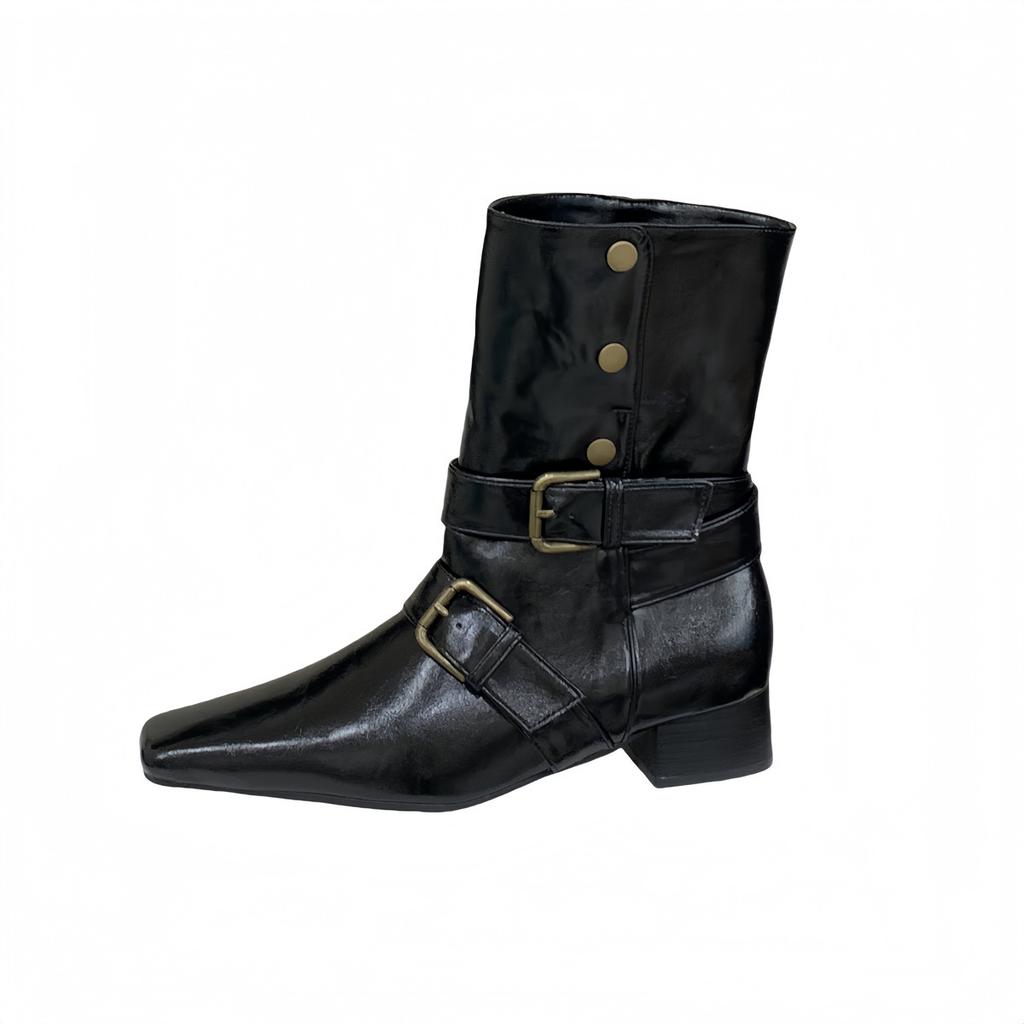 Retro thick heel square head western cowboy boots women's middle heel 2025 autumn new belt buckle women's boots