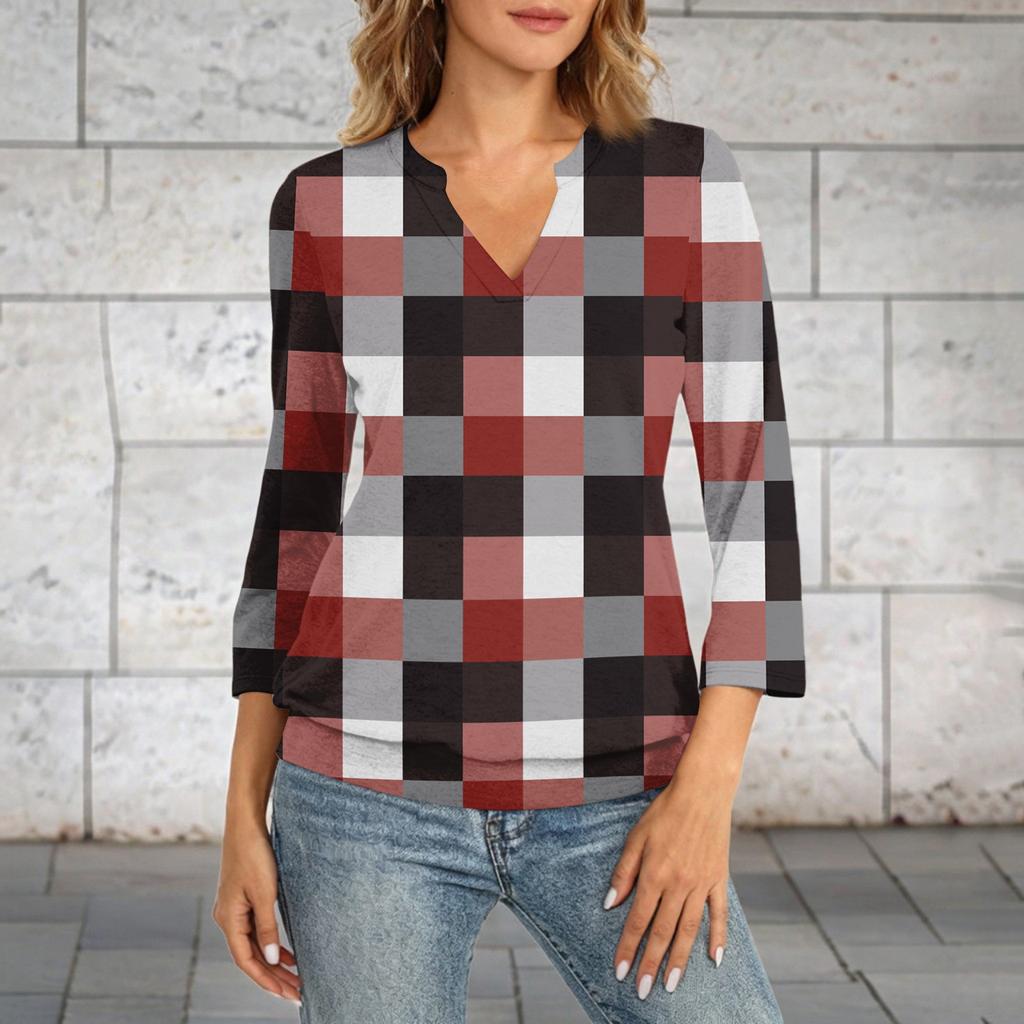 Women's 3/4 Sleeve Top Neck Hem V,Neck Summer Casual ,Shirt Plaid Printed Top