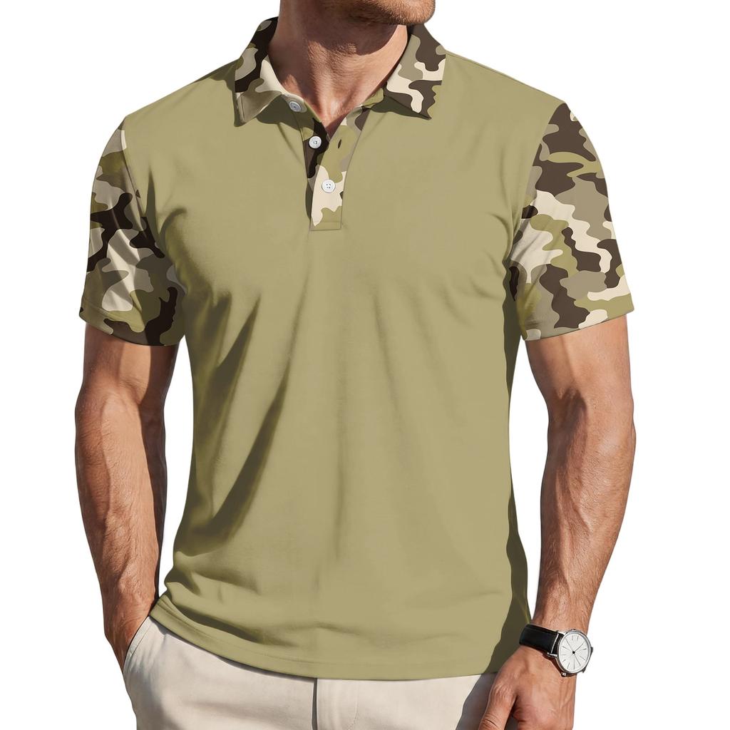 Men's Loose Fit Casual Polo Shirt Short Sleeve Camouflage Print Patchwork Design Button Collar Summer Top