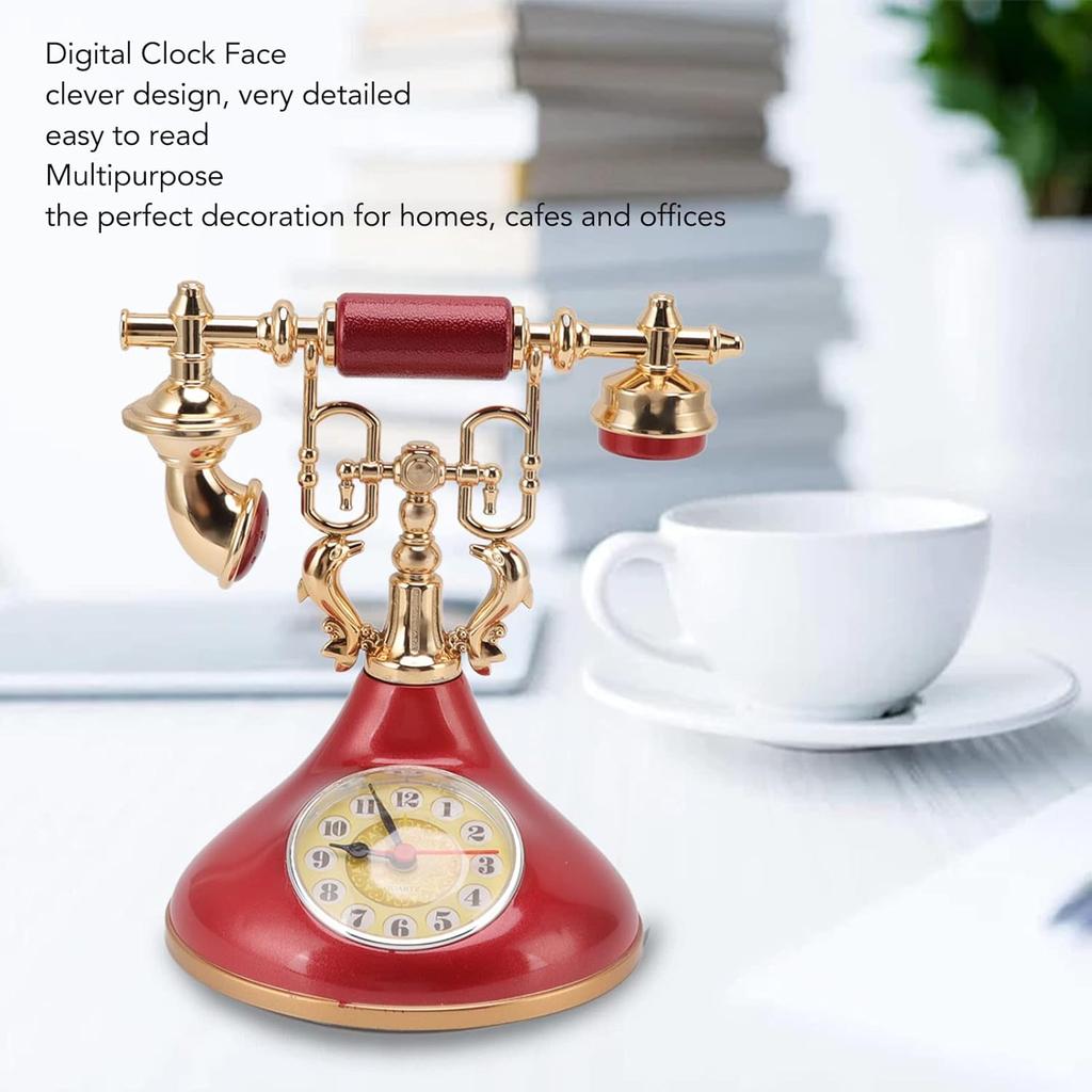Retro Telephone Clock, Vintage Alarm Clock with Large Numerals, Accurate Time, Battery Powered Antique Old Fashioned Telephone Design Table Clock for