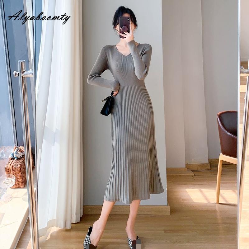 Vestido de punto estilo coreano para mujer, vestido de corte A, cuello en V, negro, beige, caqui, vestido de punto, manga larga, elegante, moda, cálido, otoño e invierno