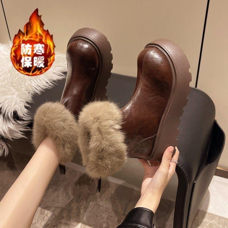 Skinny winter thick-soled casual height-increasing annual short boots round head thin boots simple fluffy cotton shoes