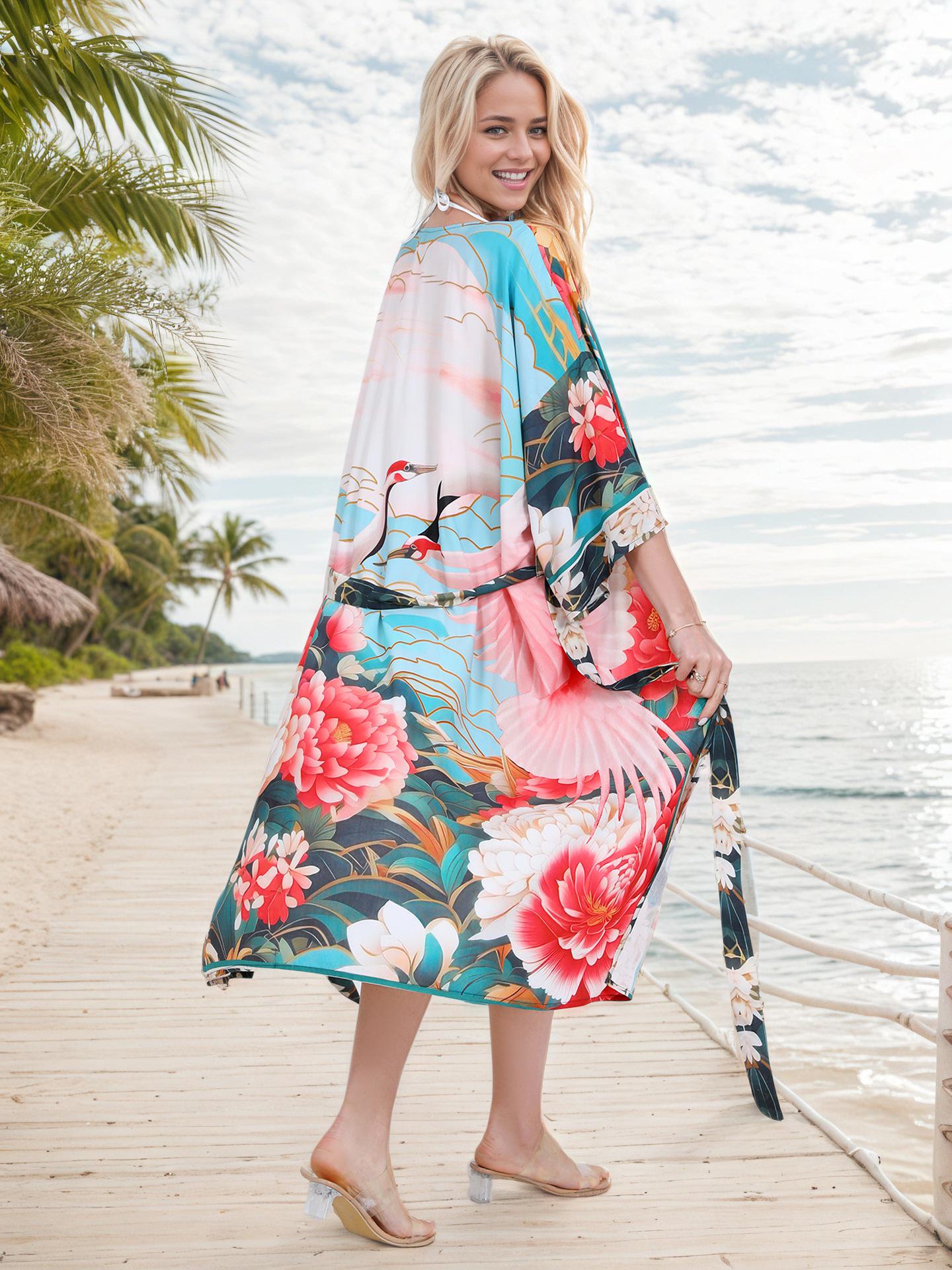 

2025 Rayon Beach Cover-up Cardigan с принтом «Китайский журавль» One Size