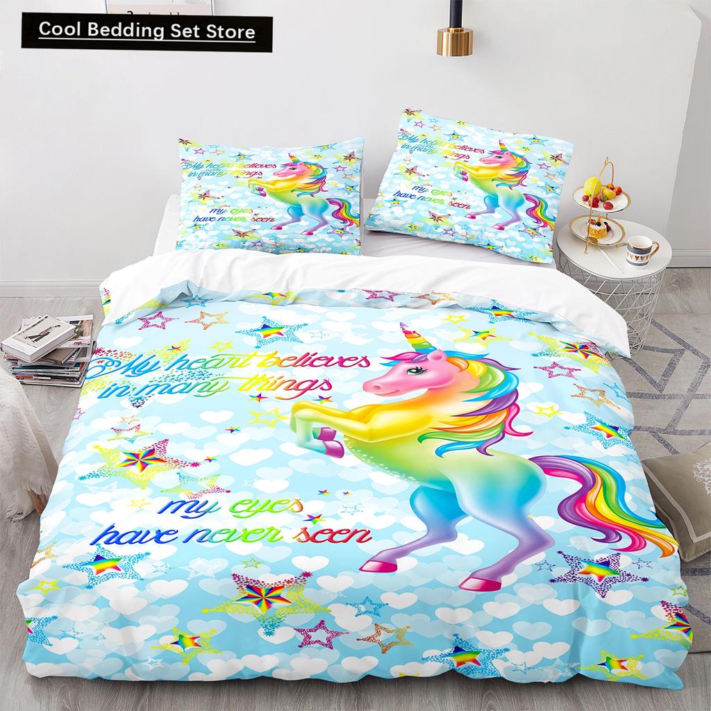 Einhorn-Bettwäsche-Set (King- und Queensize) mit Märchenmotiven und magischen Tieren für Kinder (Jungen und Mädchen) – Sternenuniversum – Polyester-Bettbezug