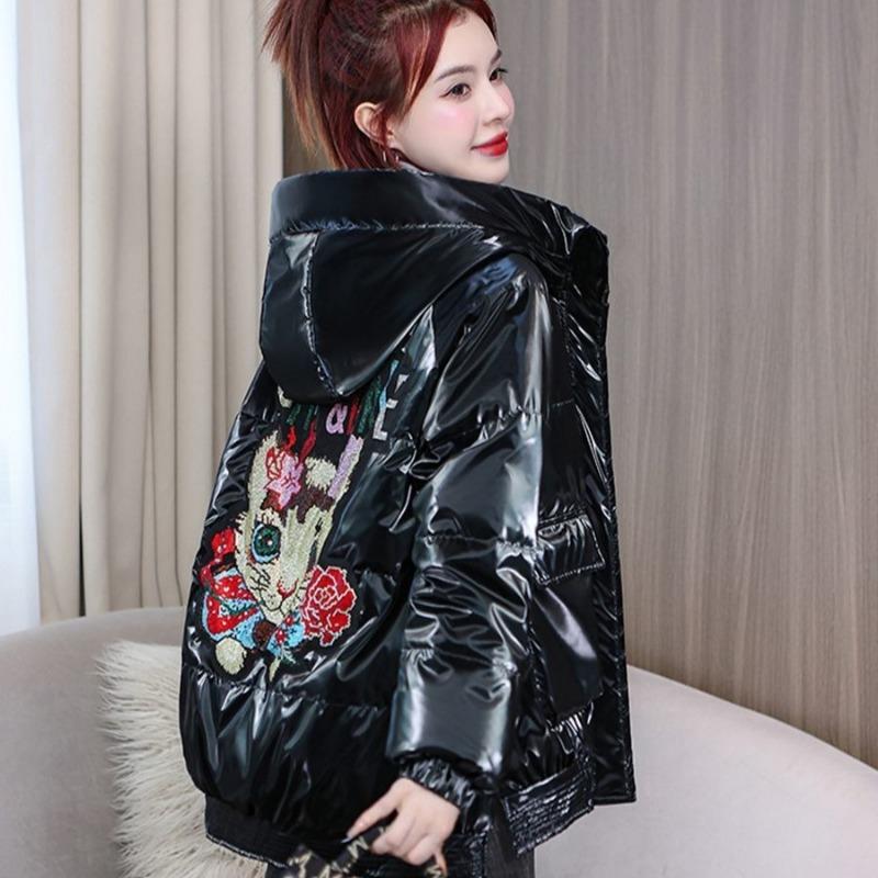 

Женская утолщенная свободная хлопковая куртка с длинным рукавом и стразами, корейская модная куртка XXL чёрный