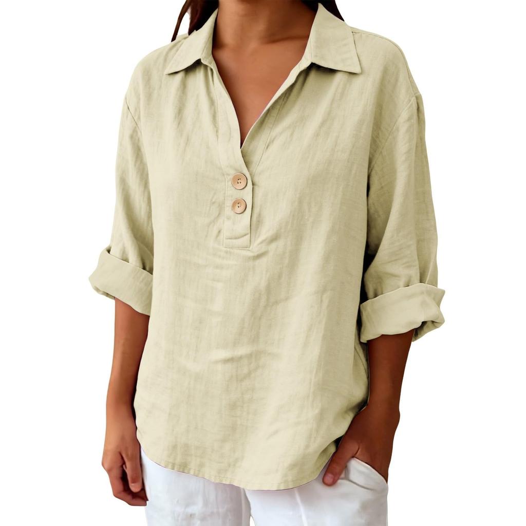 Women's Shirt Seven-Sleeve Lapel Cotton Linen Top Solided Color Casual Breathable Lapel Shirt