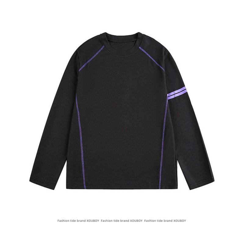 Unisex Oversized Long Sleeve Crewneck Tee With Contrast Stitching Double Stripes Casual Streetwear Top Fall