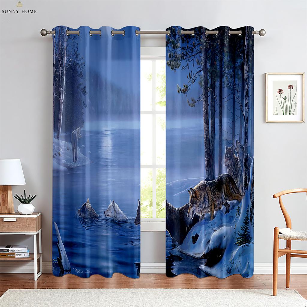 Tier Stern Wolf 3D Gedruckter Vorhang Fensterstangentasche Dekorativer Vorhang Küche Wohnzimmer Schlafzimmer Vorhang 2 Stück