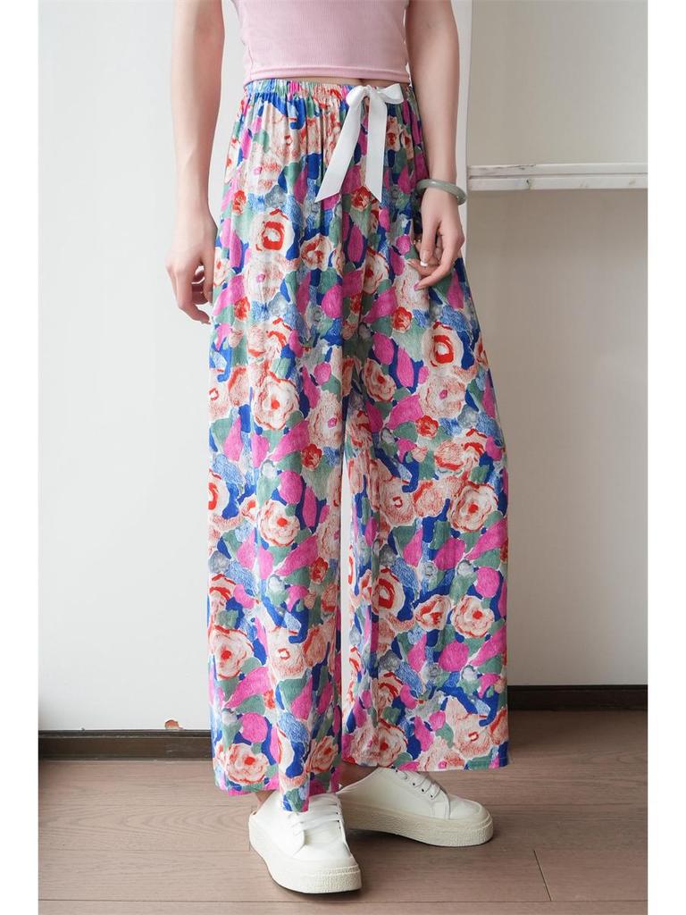 Dámské letní kalhoty květinové bavlny a viskózy nadměrné velikosti - Tenké, ležérní, dlouhé na spaní a plážové oblečení