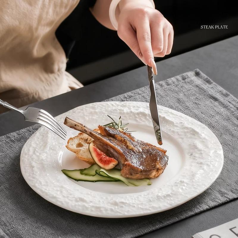 European-style White Porcelain Lace Embossed Steak Plate Hotel Round Ceramic Dinner Plate Restaurant Tableware Salad Pasta Plate