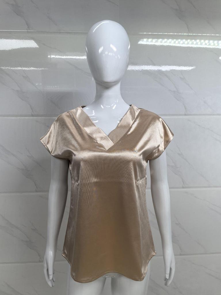 2026 Women's V-Neck Satin T-Shirt - Solid Color, Spring/Summer European American Style, Casual Business Pullover.
