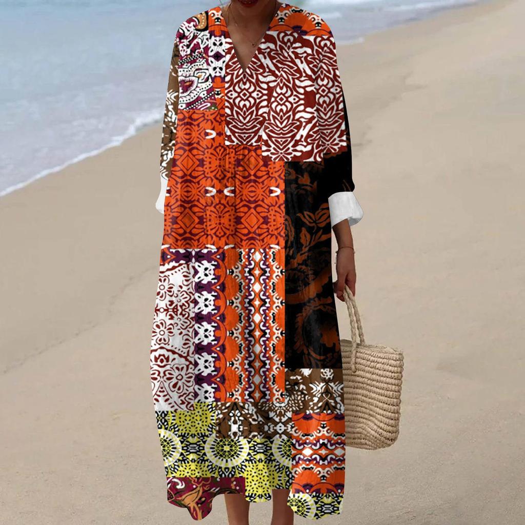Women's Casual Fashion V-Neck Long Sleeve Floral Print Maxi Dress