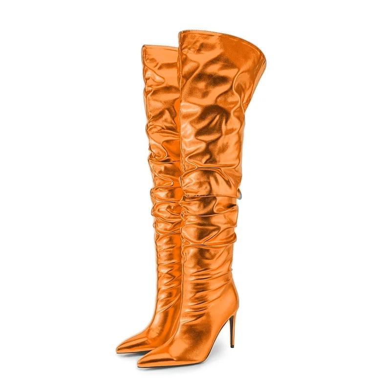 Fashion Sexy Solid Color Pleated Lazy Style Over The Knee Boots Autumn Winter Fashion Black Silver High-heel Women Long Boots Size 34-45