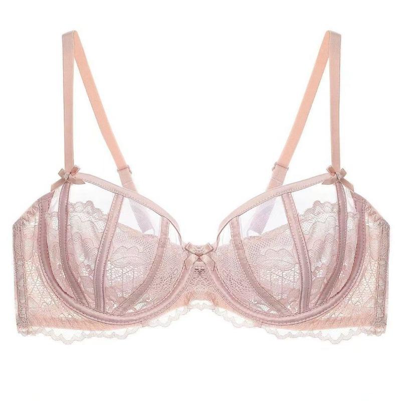 Light Pink Sheer Mesh Underwire Bra with Floral Lace and Bow Detail
