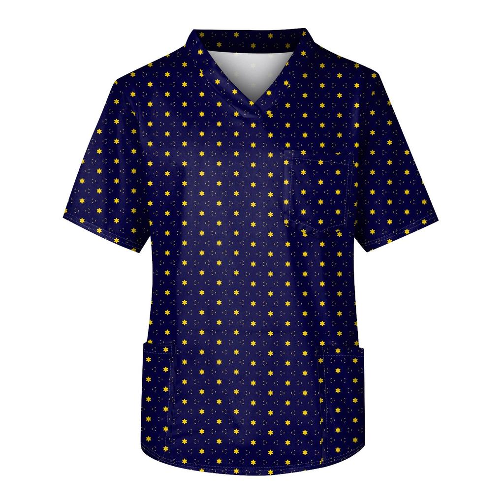 Men's Printing Short Sleeve V-neck Working Blouse Chest Pocket Carer Top
