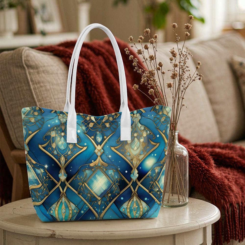 Elegant Blue Gold Pattern Tote Bag Fashion Portable Shoulder Bag for Daily Use